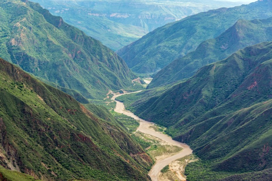 View of Chicamocha River meandering through Chicamocha Canyon near Bucaramanga, Colombia