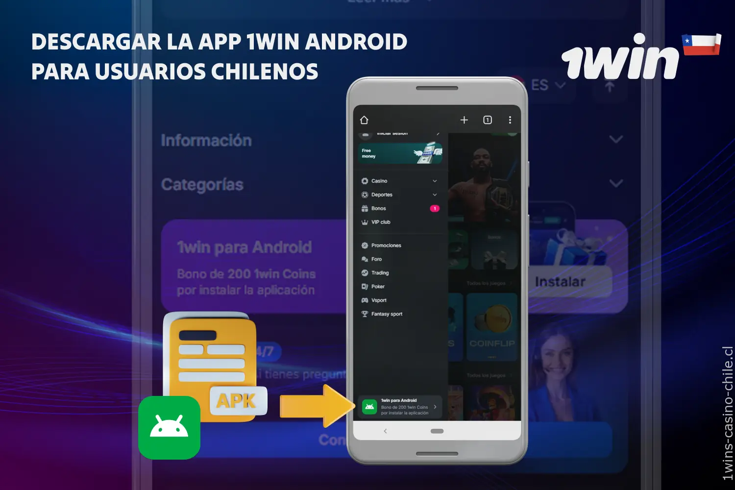 Desde el sitio oficial, los usuarios chilenos pueden descargar gratuitamente la app 1win para Android